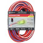 100 FOOT OUTDOOR POWER EXTENSION CORD LIGHTED LIGHT GLOW PLUG END MADE IN THE USA CONTRACTOR GRADE RED WHITE AND BLUE EXTENSION CORDS